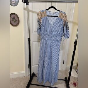 LOFT Blue and White Striped V-Neck Maxi Dress with Tan Accent